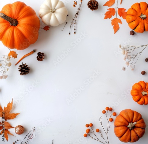 Autumn Leaves and Pumpkins on White Background