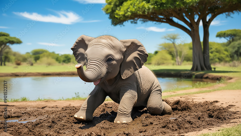 Fototapeta premium Playful Baby Elephant in the Mud
