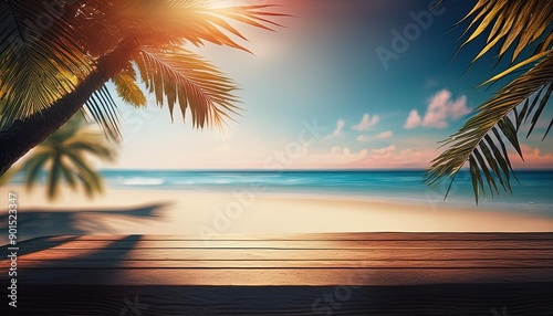 backdrop de praia paradisiaca e mesa de folhas de palmeira