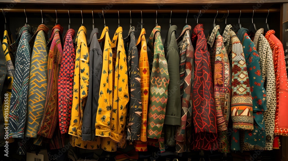 A Colorful Collection of Patterned Jackets Hanging in a Closet A Colorful Collection of Patterned Jackets Hanging in a Closet
