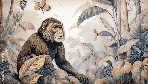 Tropical forest with monkeys. Wallpaper, background, graphics in subdued colors