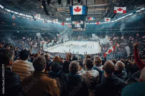 A crowded ice hockey arena filled with enthusiastic Canadian fans waving flags, capturing the electric atmosphere, national pride, and strong sense of unity among the cheering crowd.