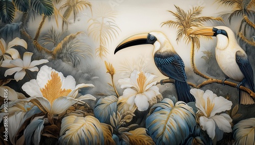 Tropical forest with toucans. Wallpaper, background, graphics in subdued colors