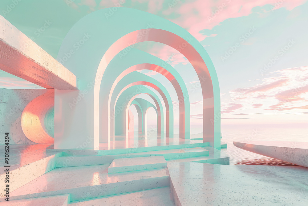 Fototapeta premium Surreal Architecture Landscape with Arches in Light Pink and mint green colors. Abstract design concept