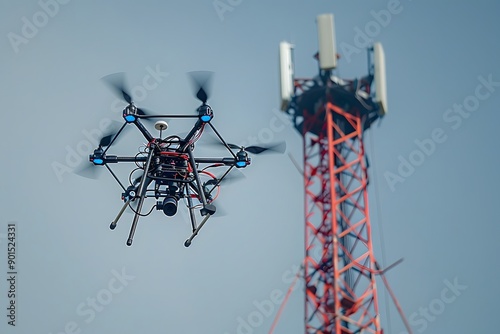 Drone in Flight Near Communication Tower photo