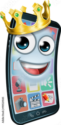 A mobile phone cartoon character mascot wearing a gold king crown