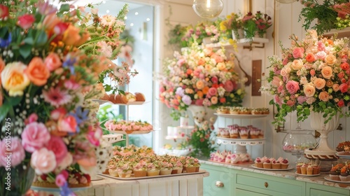 Beautiful floral decorations at Peggy Porschen bakery in Belgravia, showcasing the Chelsea in Bloom annual floral exhibition. photo