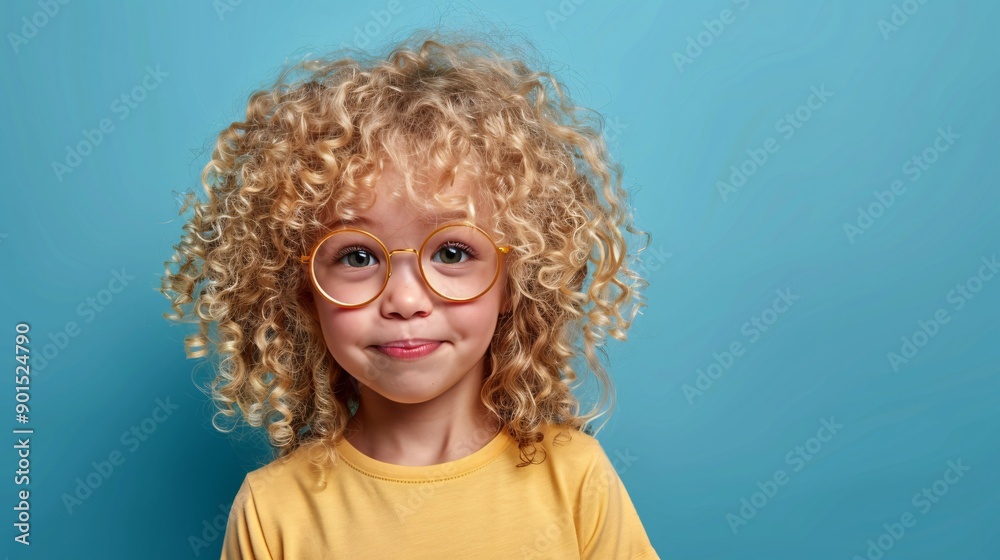 Portrait of a little girl with curly hair wearing glasses on a blue background. Portrait of a little girl with curly hair wearing glasses on a blue background.