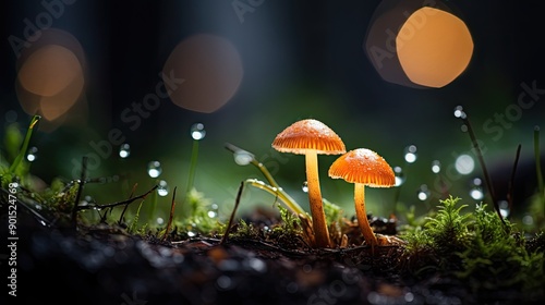 two mushrooms growing in the grass