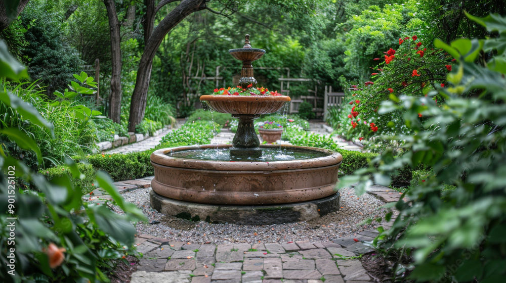 A beautiful garden with a fountain and a house A beautiful garden with a fountain and a house
