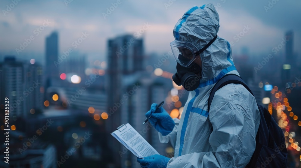 An environmental scientist collecting air quality data in an urban setting An environmental scientist collecting air quality data in an urban setting