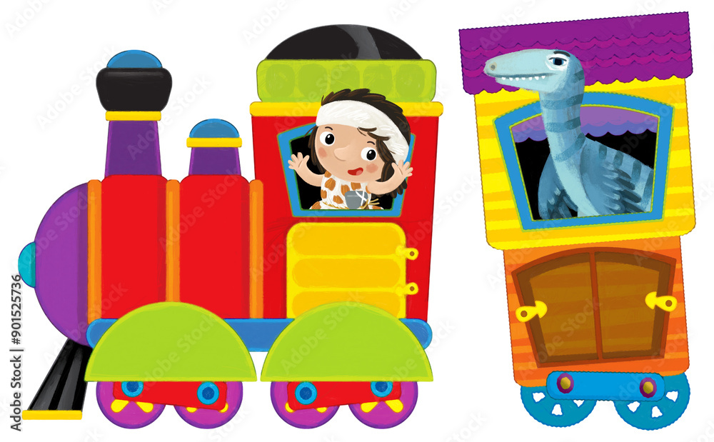 Cartoon funny looking colorful wagon with dino dinosaur animal lizard and caveman conductor isolated illustration for children Cartoon funny looking colorful wagon with dino dinosaur animal lizard and caveman conductor isolated illustration for children