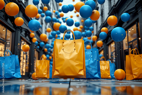 A shopping mall with a lot of balloons and shopping bags. The bags are orange and blue