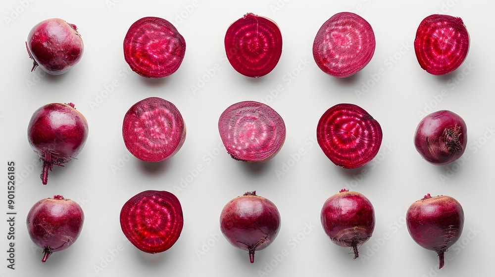 beetroot arranged in rows and top view on white background beetroot arranged in rows and top view on white background
