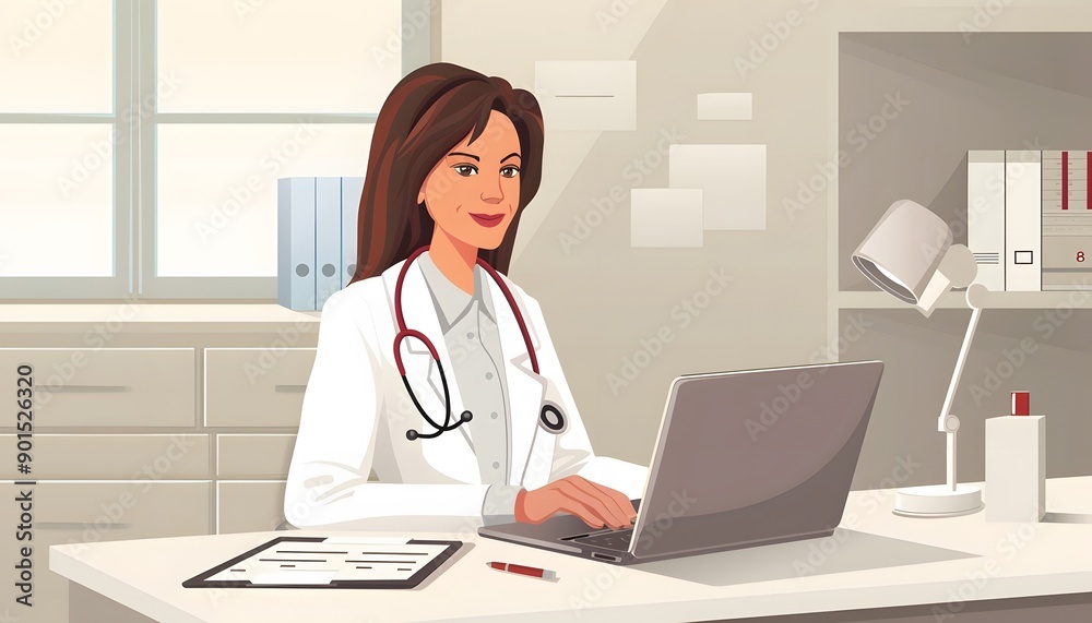 female doctor working with computer or laptop illustration female doctor working with computer or laptop illustration