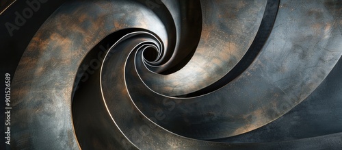 Abstract photography of a metal flat spiral in various lighting on a black backdrop offering versatile copy space image options