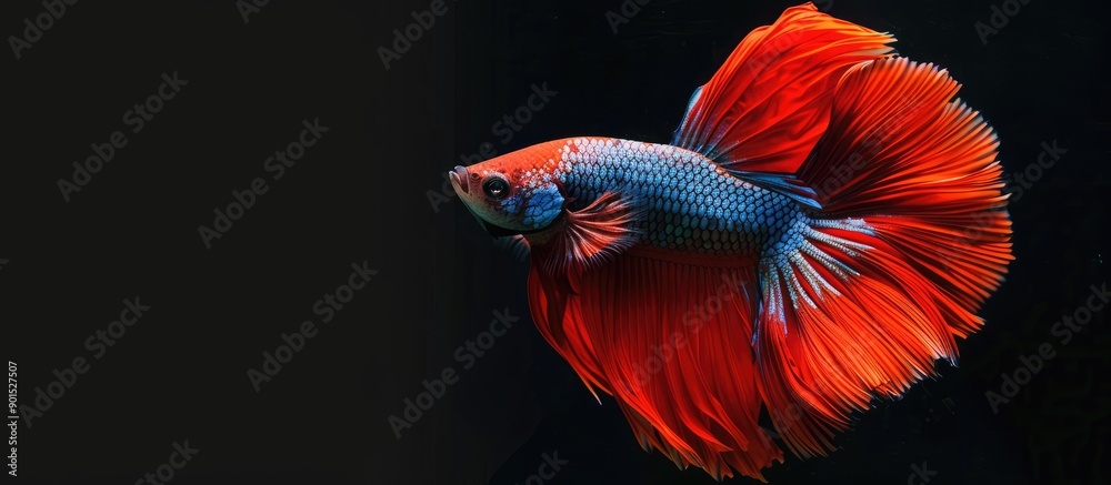 Fototapeta premium The elegant red and blue Siamese betta fish in motion against a plain black backdrop with room for additional text or images