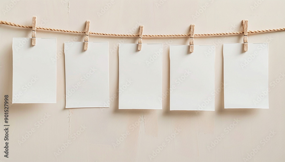 Notes or cards mock up on a rope on a background of a beige wall. Concept template for text, notes, declarations of love or holiday garlands Notes or cards mock up on a rope on a background of a beige wall. Concept template for text, notes, declarations of love or holiday garlands