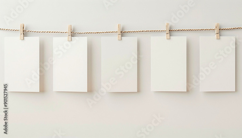 Notes or cards mock up on a rope on a background of a beige wall. Concept template for text, notes, declarations of love or holiday garlands