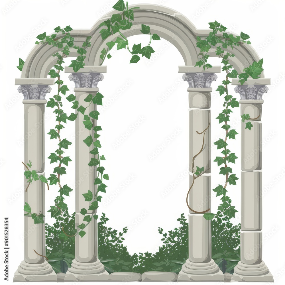 Naklejka premium Roman arch with columns and green ivy creeper on a white background. Temple frame with stone pillars in climbing vines. Modern 3D rendering of creeping plants on architecture.