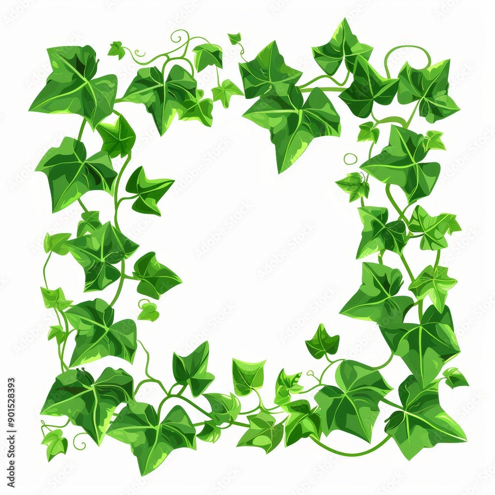 Fototapeta premium A square wreath of green ivy creeper plant on a white background. An illustration of a natural decorative ivy foliage border.