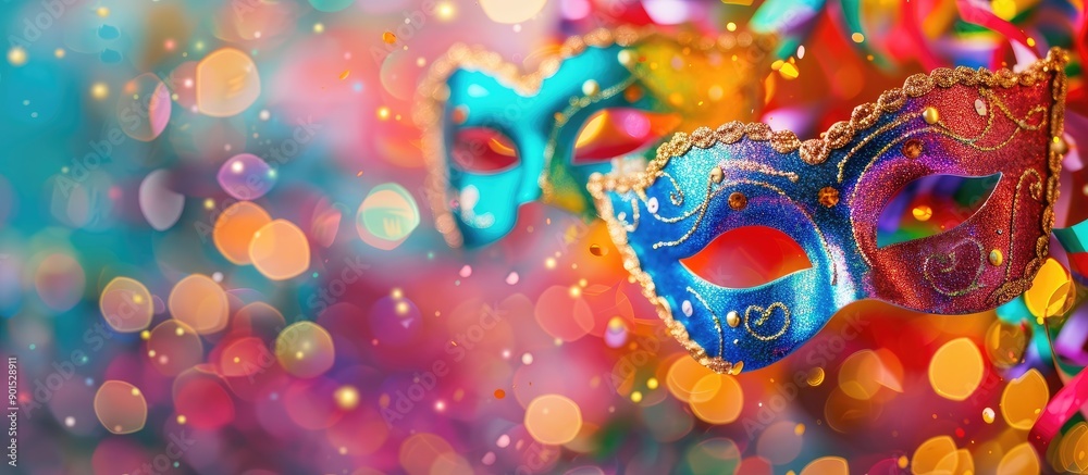 Festive carnival masks on a colorful blurred backdrop embodying the spirit of carnival celebrations Perfect for a copy space image Festive carnival masks on a colorful blurred backdrop embodying the spirit of carnival celebrations Perfect for a copy space image