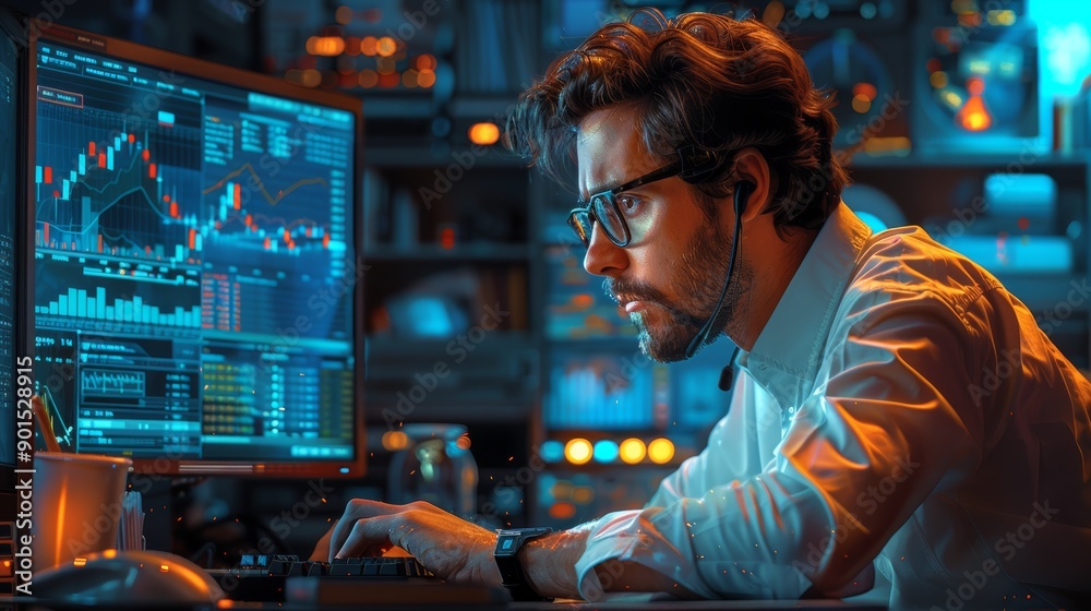 Focused Analyst Working Late at Night Analyzing Data on Multiple Screens. Generative AI Focused Analyst Working Late at Night Analyzing Data on Multiple Screens. Generative AI