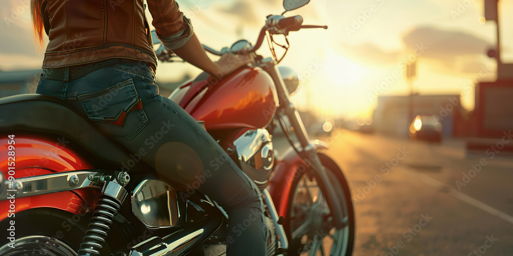 Fototapeta premium Female Biker on Red Motorcycle at Sunset for Adventure and Freedom Themes