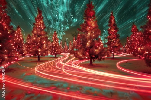 Surreal red and green Christmas tree forest with glowing light trails photo