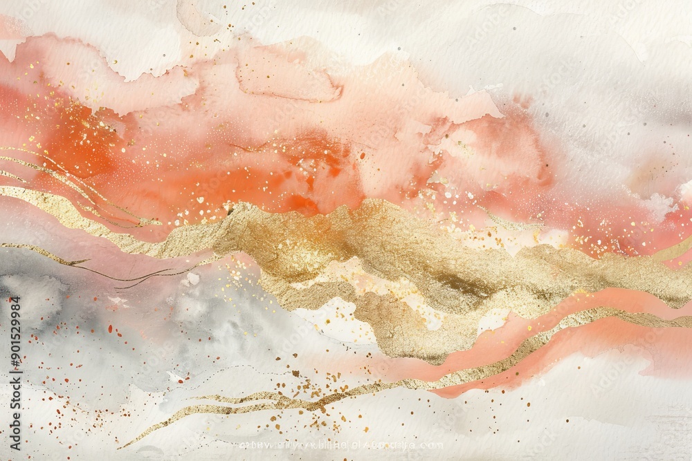 Fototapeta premium A modern illustration for wedding invitations with a dusty pink liquid marbled watercolor background with gold cracks and stains. Pastel marble alcohol ink drawing effect with gold metallic foil.