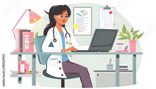 female doctor working with computer or laptop illustration