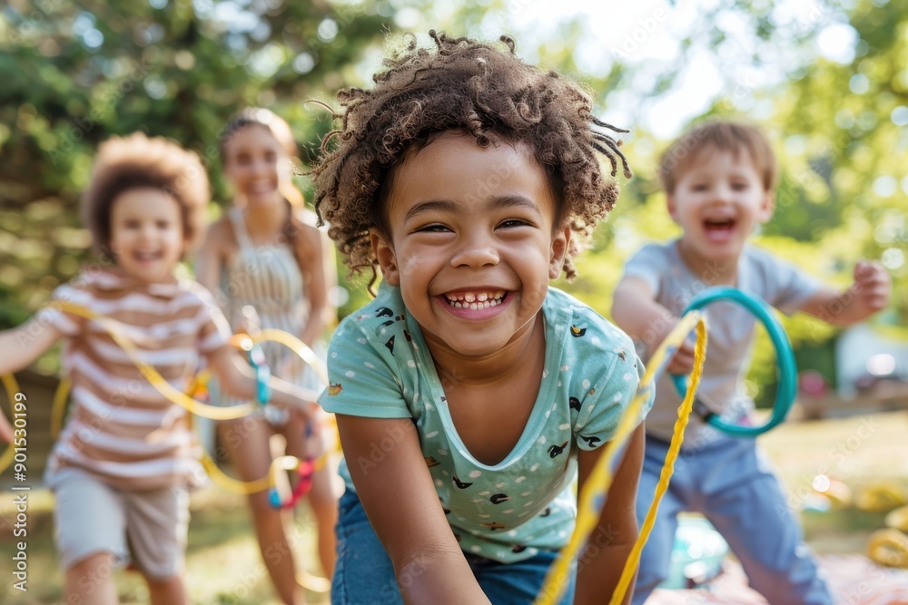 A group of happy children with diverse backgrounds are enjoying an outdoor activity, playing with colorful hoops and smiling at the camera on a sunny day. A group of happy children with diverse backgrounds are enjoying an outdoor activity, playing with colorful hoops and smiling at the camera on a sunny day.
