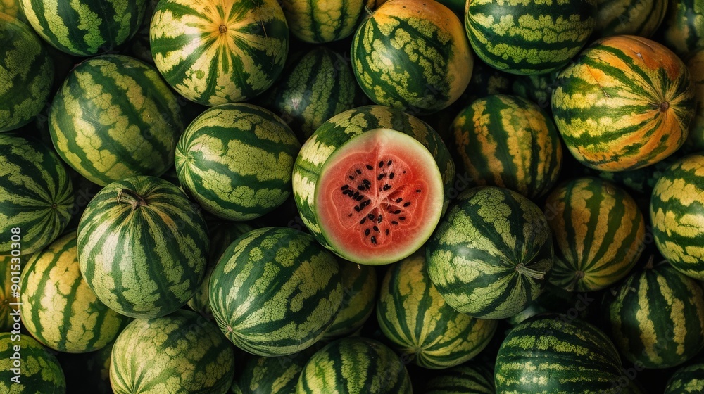 Vibrant Display of Watermelons in a Rustic Market Under Bright Sunlight. Generative AI Vibrant Display of Watermelons in a Rustic Market Under Bright Sunlight. Generative AI