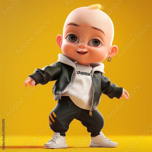 Cute cool boss baby kid toddler in suit with big eyes 3d cartoon animation rendering in different job and character styles. Generative AI
