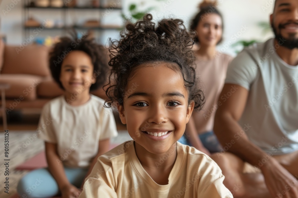 A cheerful child poses with family members in a modern, brightly lit living room, emphasizing themes of family bonding, joy, and a sense of togetherness. A cheerful child poses with family members in a modern, brightly lit living room, emphasizing themes of family bonding, joy, and a sense of togetherness.