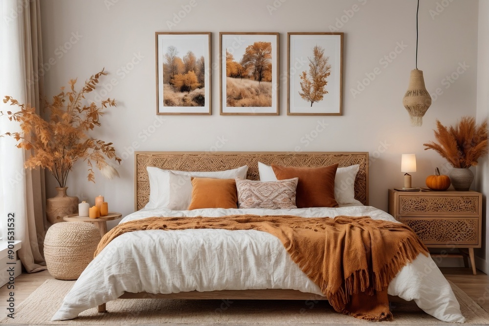 Interior of a boho-style bedroom with an autumn theme. Autumn Bedroom Ideas. Interior of a boho-style bedroom with an autumn theme. Autumn Bedroom Ideas.