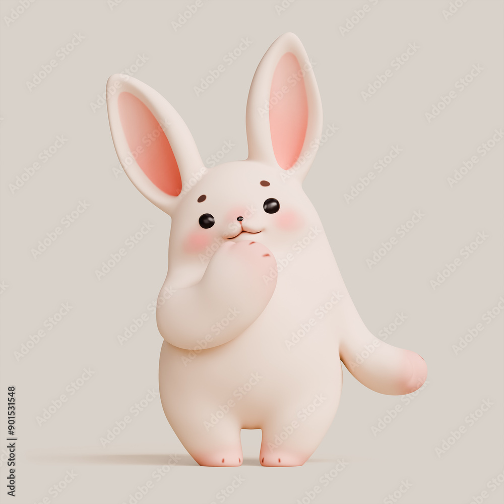 Simple fat cute kawaii fluffy cartoon white easter bunny with eyebrows, pink ears, cheeks, soft paws stands in shy pose touching chin with hand with happy facial expression. 3d render in pastel colors Simple fat cute kawaii fluffy cartoon white easter bunny with eyebrows, pink ears, cheeks, soft paws stands in shy pose touching chin with hand with happy facial expression. 3d render in pastel colors