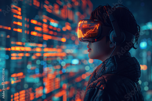 a virtual reality environment for stock trading. Depict a trader wearing VR goggles, interactive 3D charts floating in the air, virtual trading floors, and the immersive, futuristic experience of trad photo