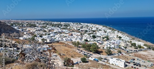view of Kamari city in Santorini from the ancient thera road