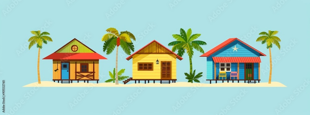 Colorful beach huts in row on seaside landscape. Summer vacation concept in surfhouse. Beach cabin with flags. Colorful beach huts in row on seaside landscape. Summer vacation concept in surfhouse. Beach cabin with flags.