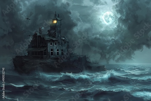 Lighthouse in a stormy sea photo