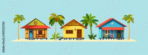 Colorful beach huts in row on seaside landscape. Summer vacation concept in surfhouse. Beach cabin with flags.