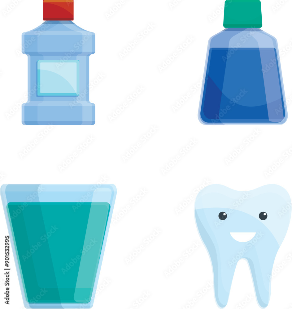 Mouth wash icons set cartoon vector. Mint liquid for rinsing mouth. Oral care equipment