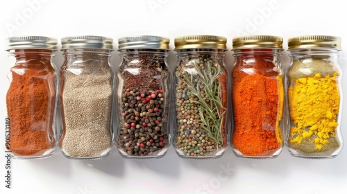 Collection of assorted spices in glass jars with golden lids, showcasing a colorful variety of cooking ingredients on a white background.