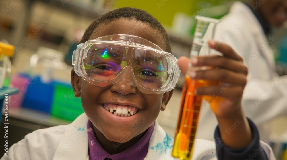 A young boy in a lab coat and safety goggles smiles brightly while ...