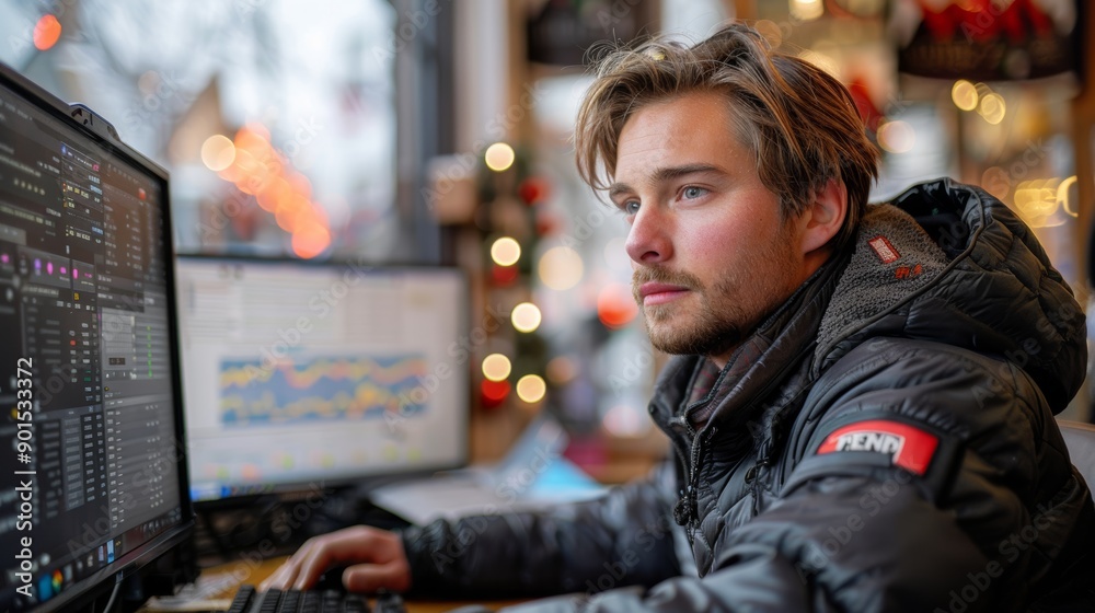 Young Man Working on Computer in Cozy Café During Winter Afternoon. Generative AI Young Man Working on Computer in Cozy Café During Winter Afternoon. Generative AI