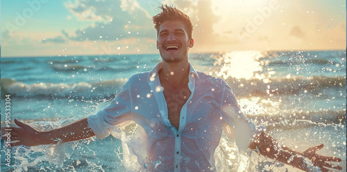 A handsome man playing water in the sea for banner