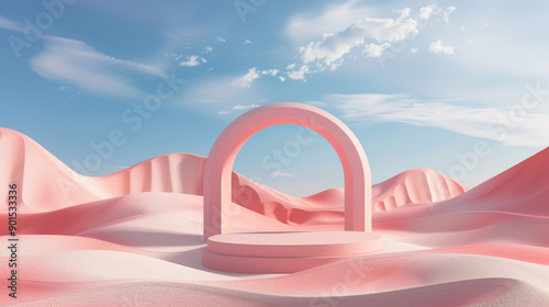 3d render surreal abstract background in pastel blue and pink colors with geometry arch and fantasy futuristic minimalistic modern stage for product display presentation