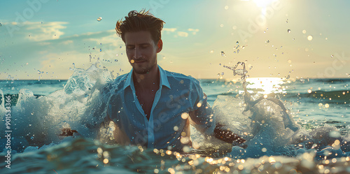 A handsome man playing water in the sea for banner