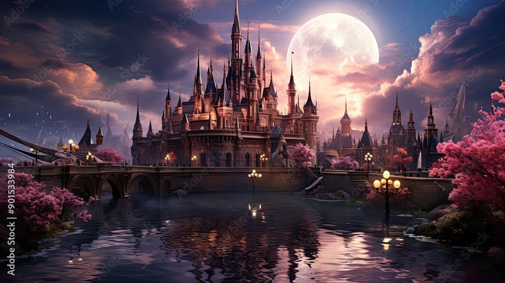 Fototapeta premium magic castle in pink sunset lights, fantasy background